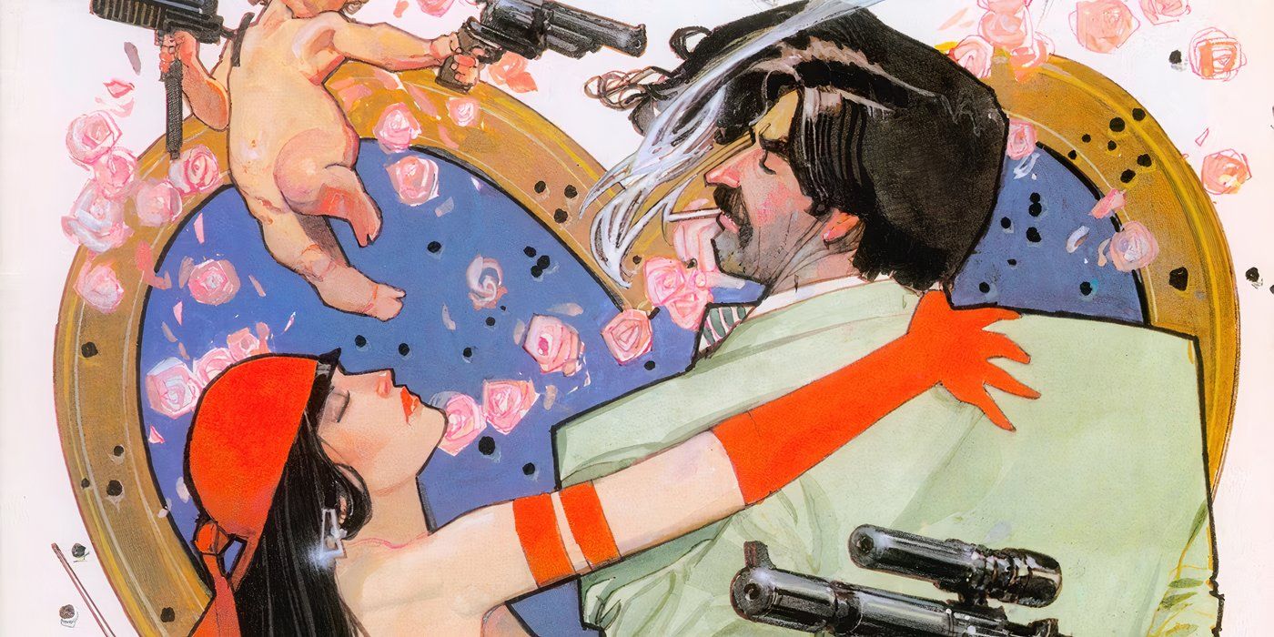 Elektra standing next to a man smoking a cigarette.