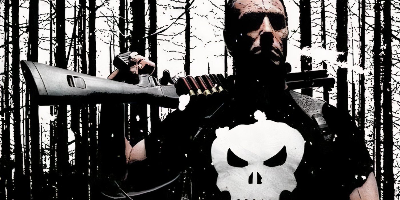 The Punisher standing in the woods with a shotgun.