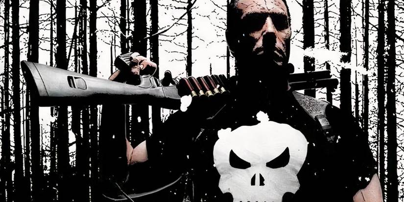 The Punisher standing in the woods with a shotgun.