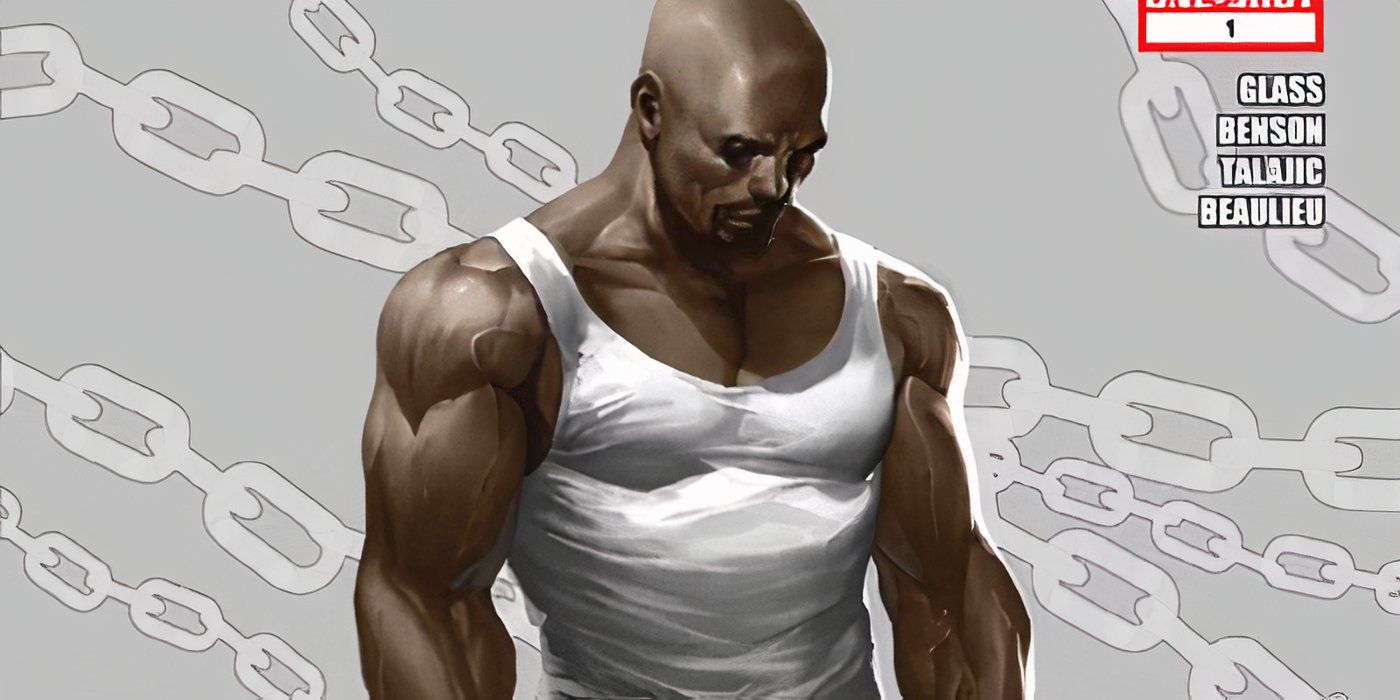 Marvel Comics' Luke Cage with chains all around him.