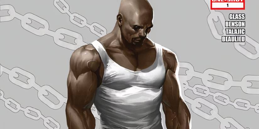 Marvel Comics' Luke Cage with chains all around him.