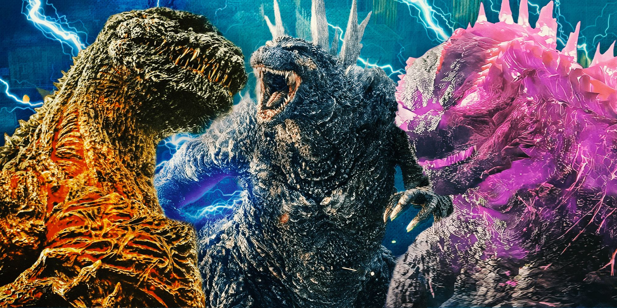 Imagery of different versions of Godzilla