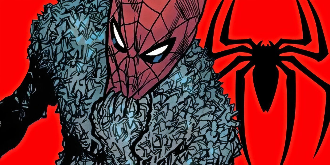 Spiders-Man wearing nothing but his mask, revealing that he&rsquo;s a hive of spiders in the shape of a man.