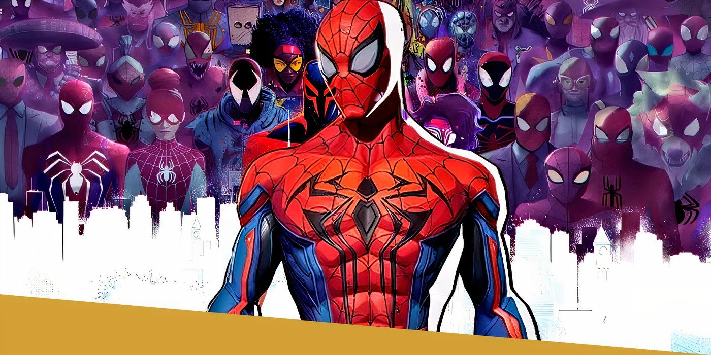 Spider-Man with an army of his multiversal variants behind him.
