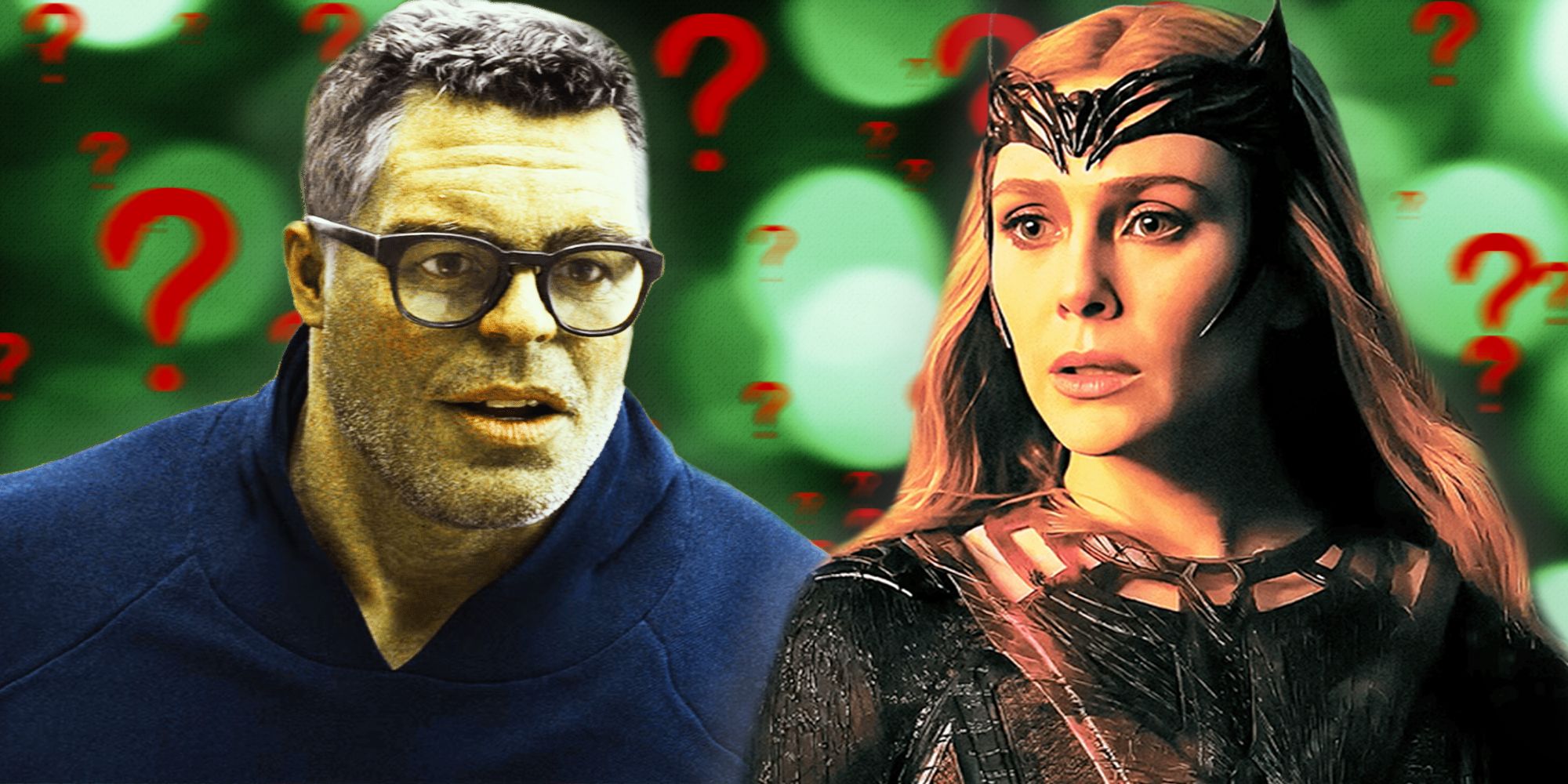 Smart Hulk and Scarlet Witch over a green background with question marks