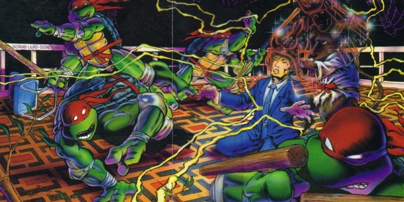 The TMNT and Splinter with a man who is generating electricity.