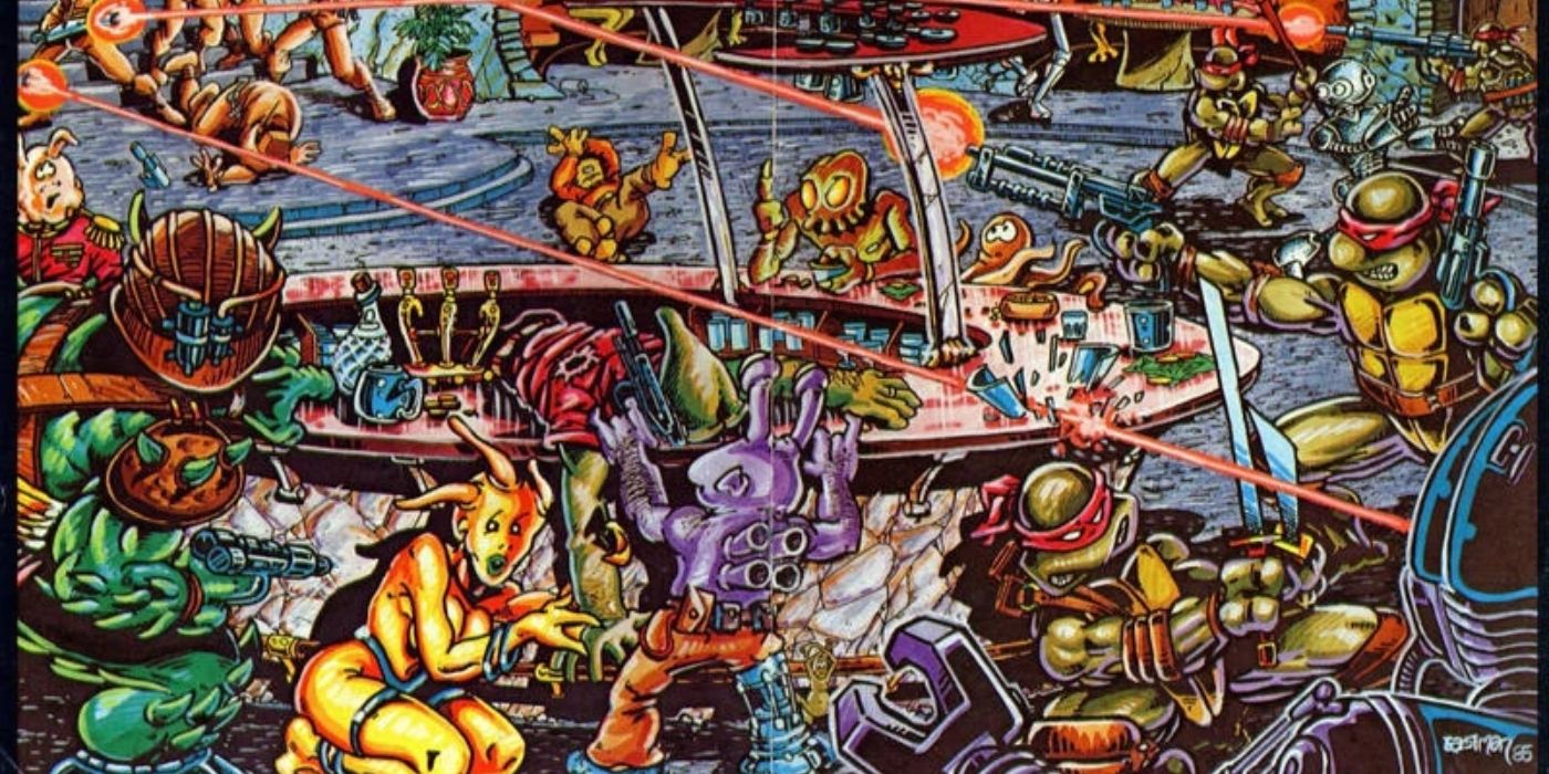 The TMNT and the Fugitoid fighting in a giant alien battle.