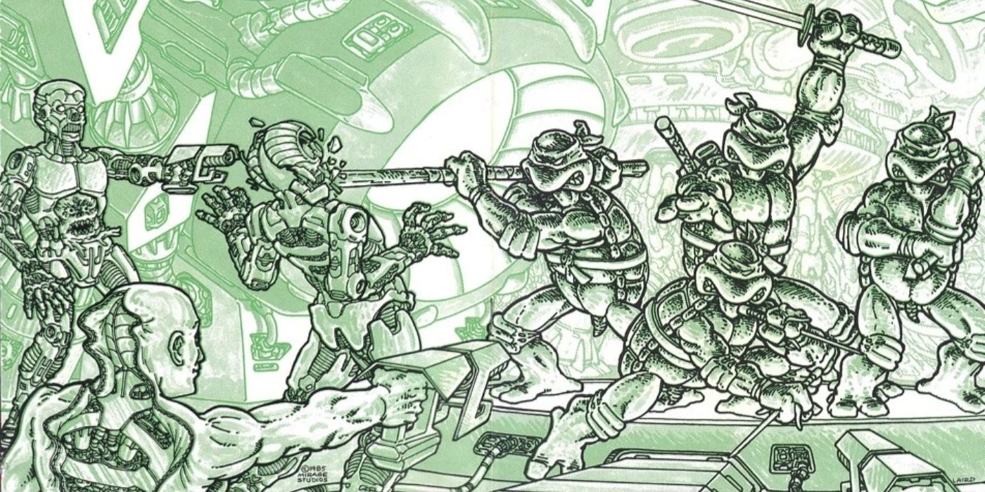 The TMNT fighting the Utroms in their humanoid robot bodies.
