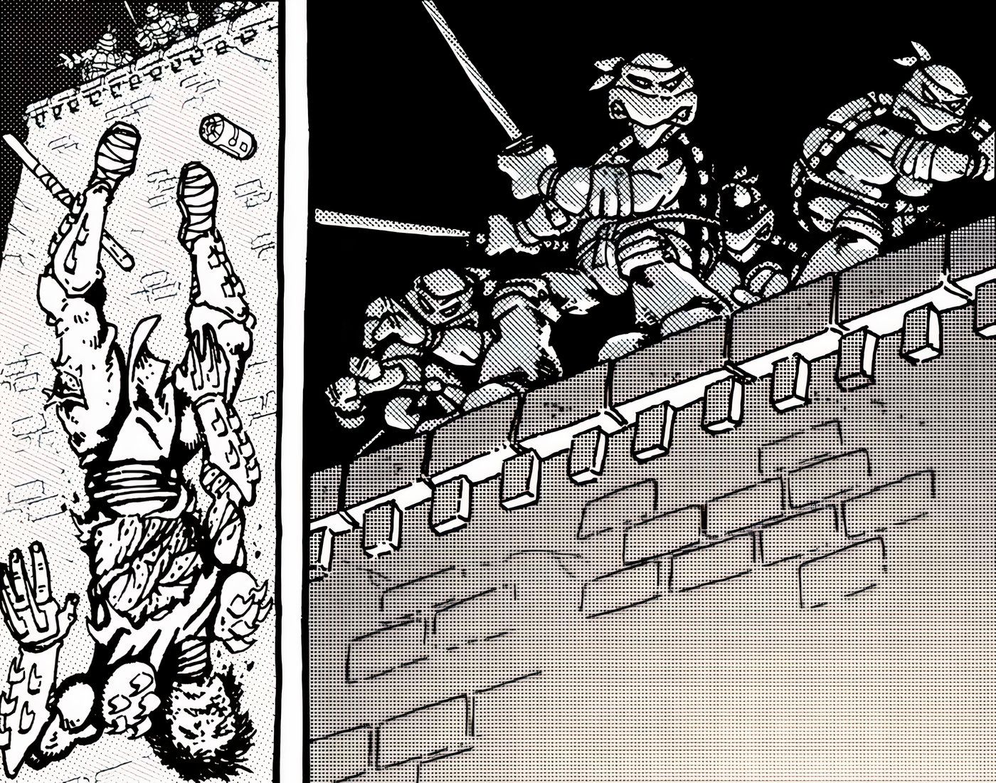 The Teenage Mutant Ninja Turtles throwing Shredder off the roof.