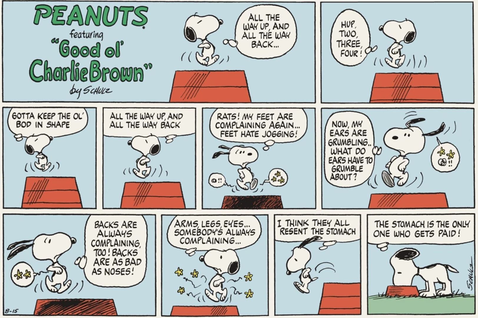 Snoopy running on his doghouse before eating.