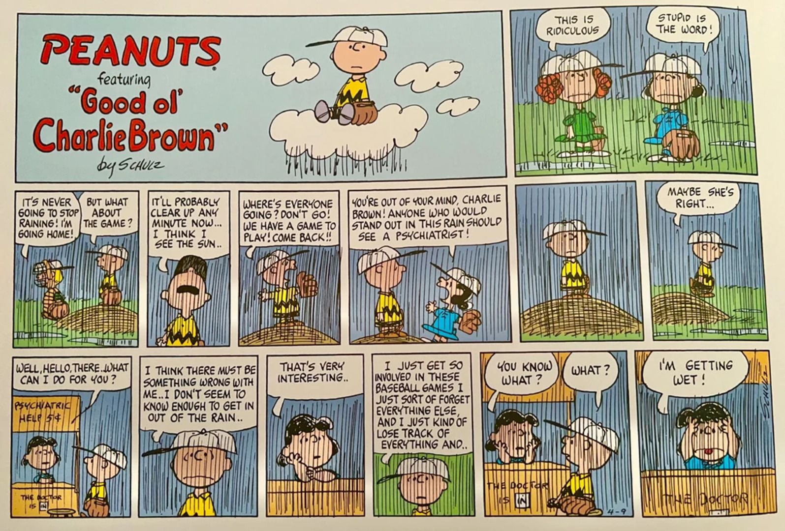Charlie Brown going to Lucy&rsquo;s psychiatry booth in the rain.