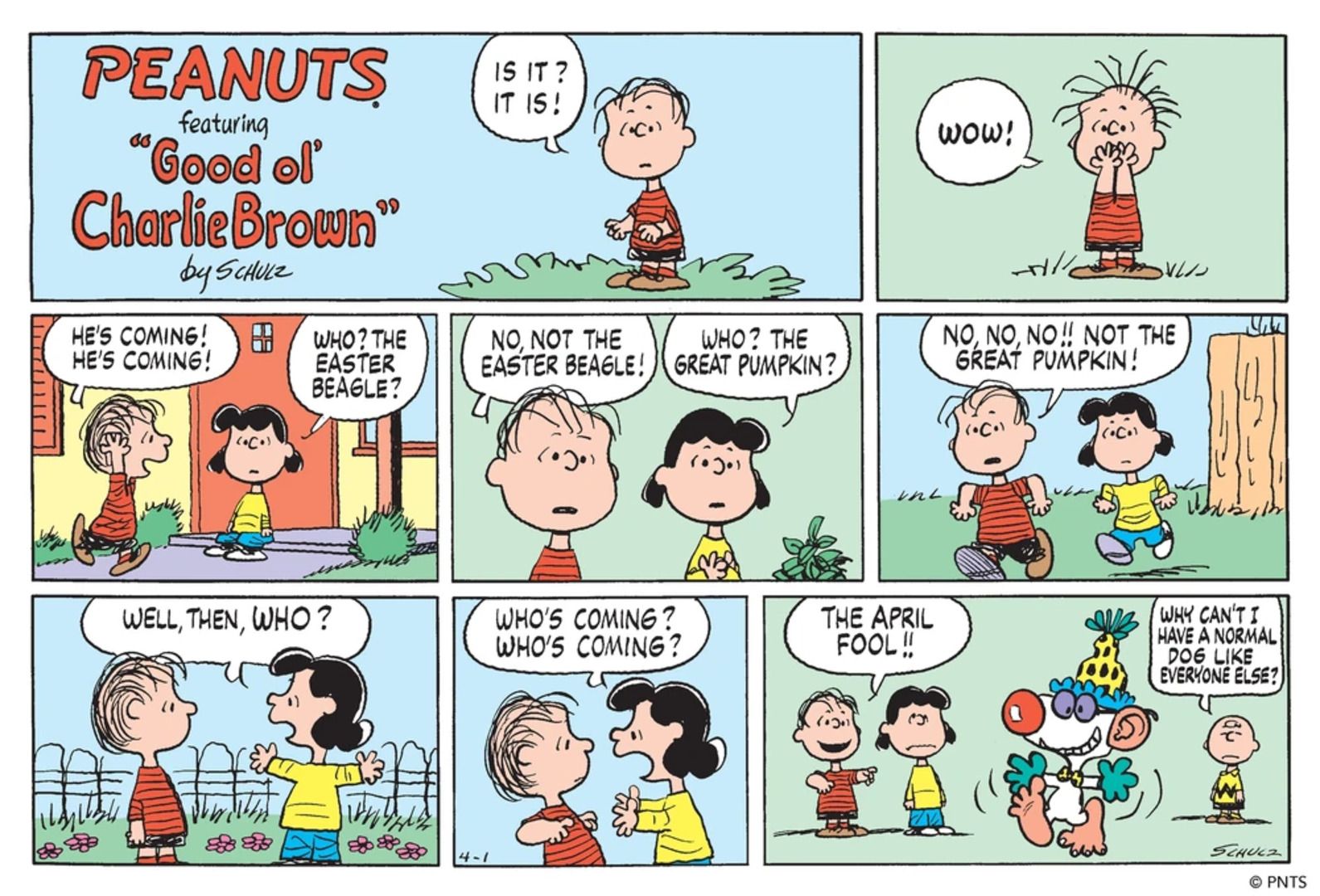 Snoopy as the April Fool in front of Lucy, Linus, and Charlie Brown.