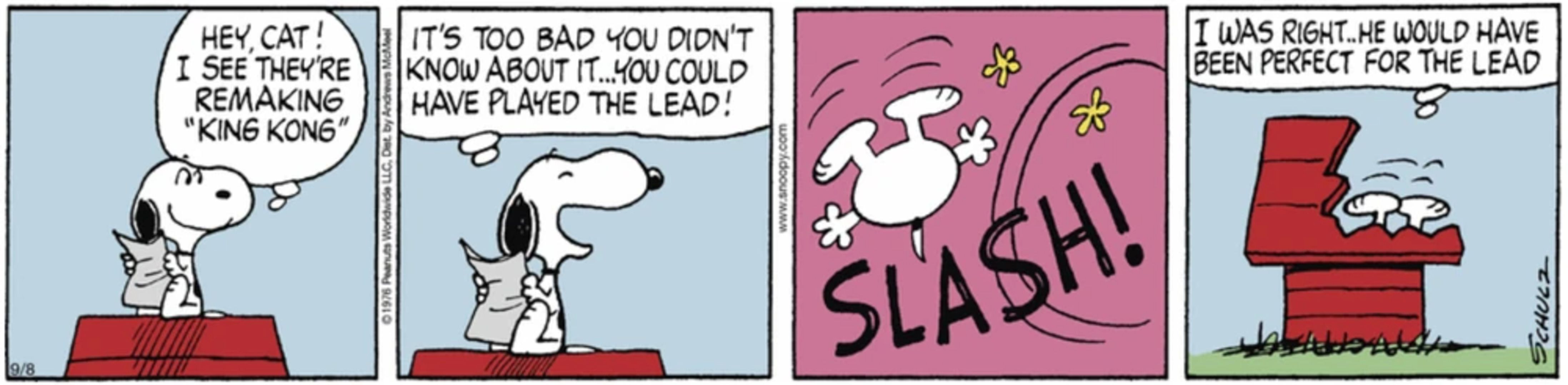 Snoopy&rsquo;s doghouse roof missing with Snoopy falling into it.