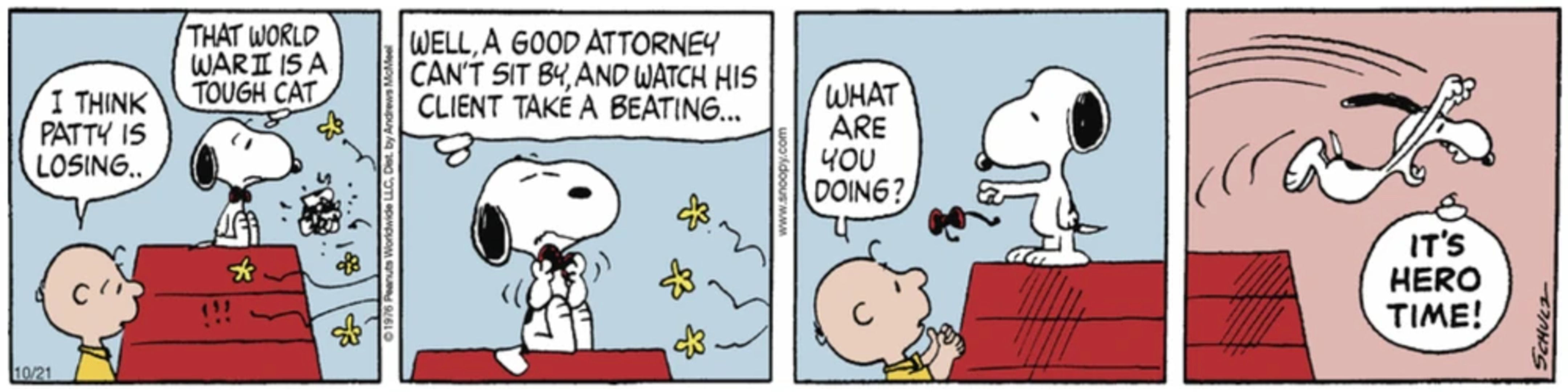 Snoopy diving off his doghouse to fight.