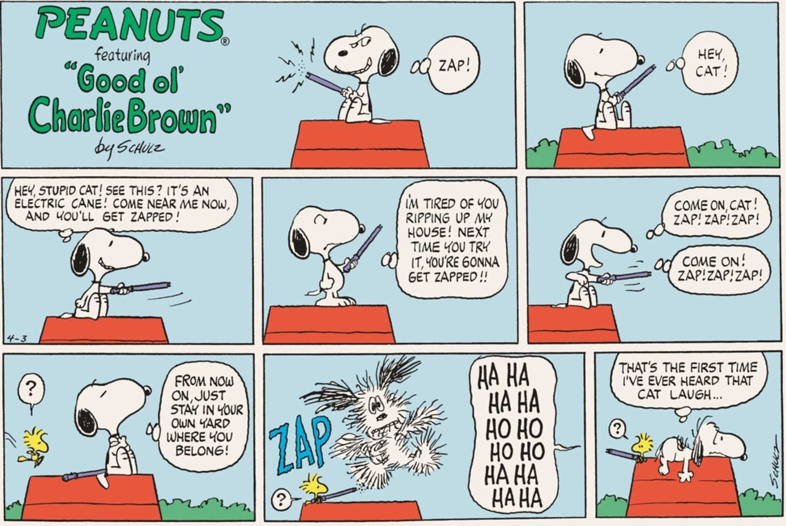 Snoopy getting zapped by an electric cane.