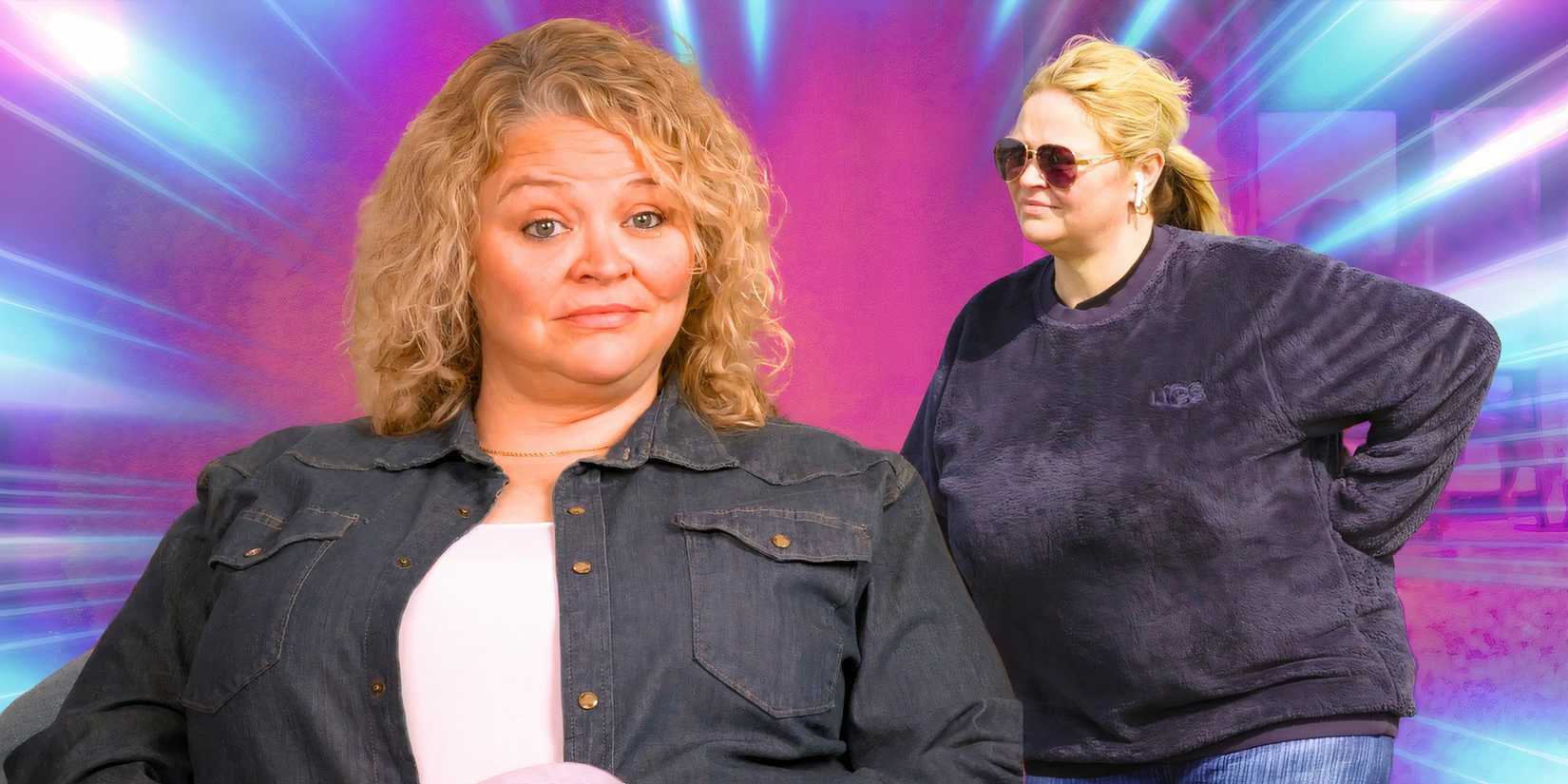 1000 lb sisters star amanda halterman in two dark outfits smiling and pink and purple background