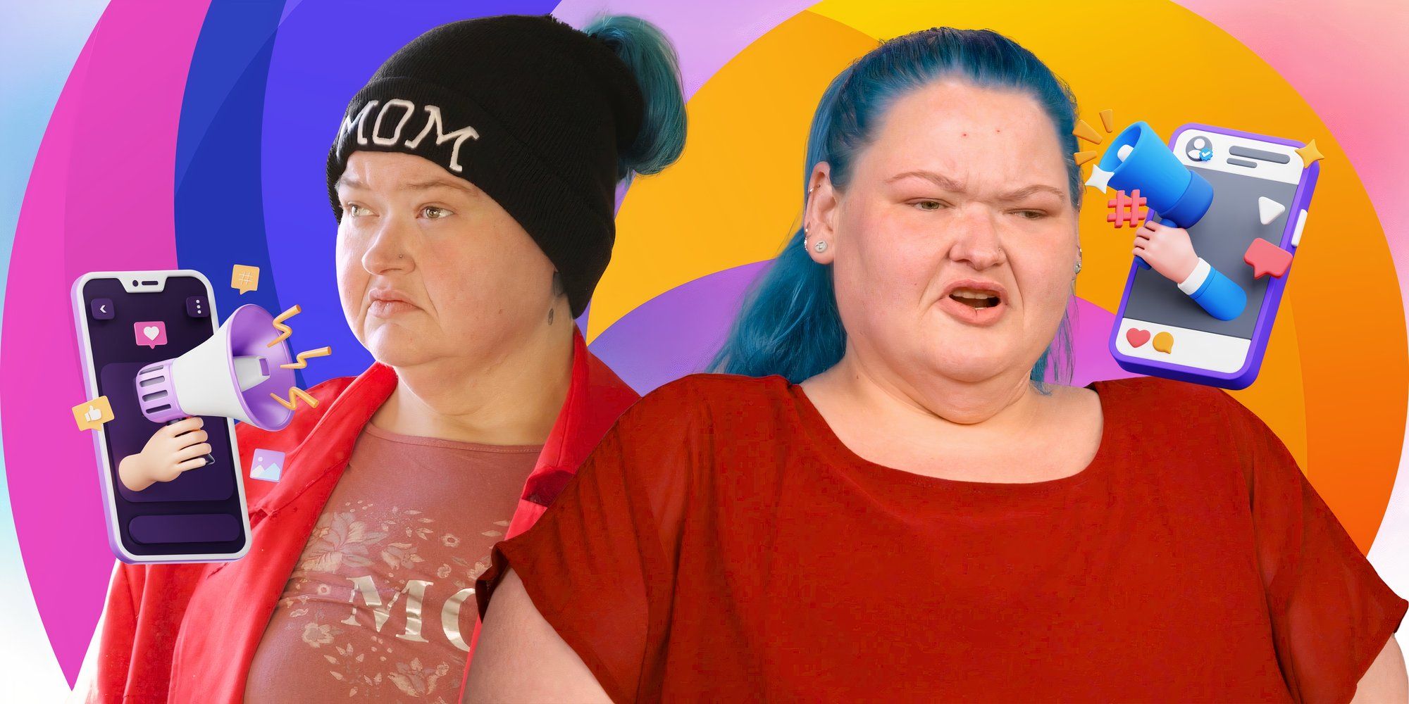 1000 lb sisters star amy slaton in montage with two upset poses and smart phone graphics