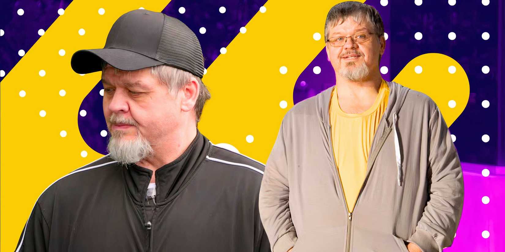 1000 lb sisters star chris combs in montage with serious and smiling poses and yellow and purple background with dots