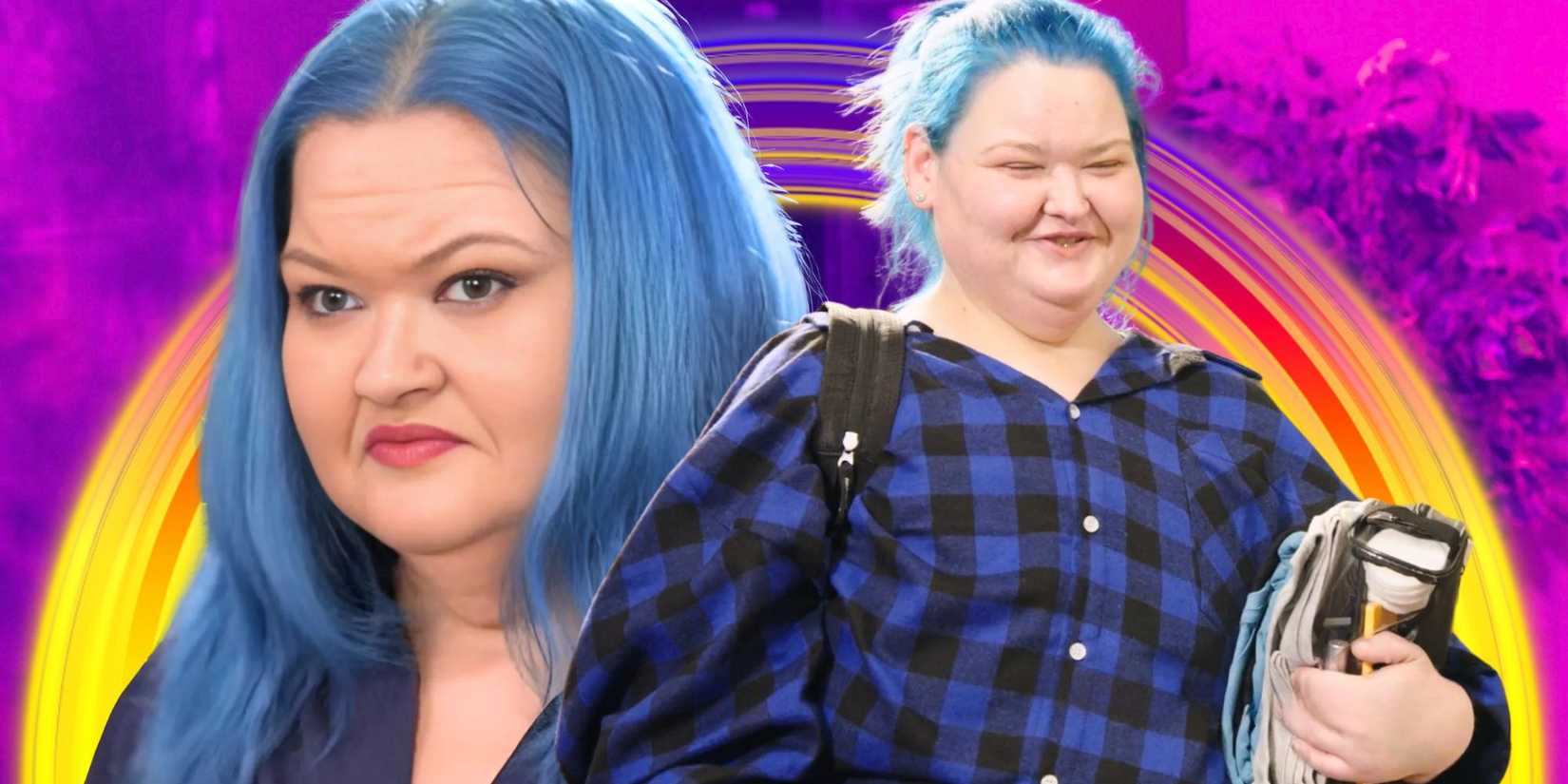 1000-Lb Sisters Amy Slaton in a montage on a purple background with Amy looking happy and serious in separate images.