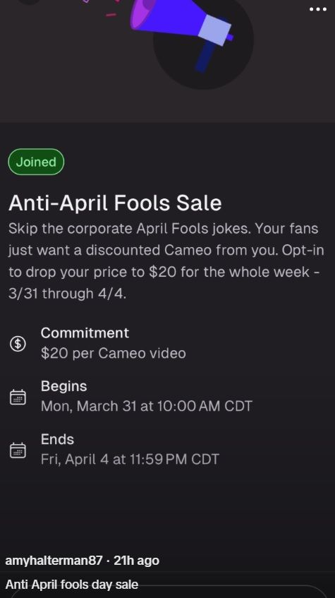 1000-Lb Sisters star Amy Slaton’s Cameo Event Announcement screenshot.
