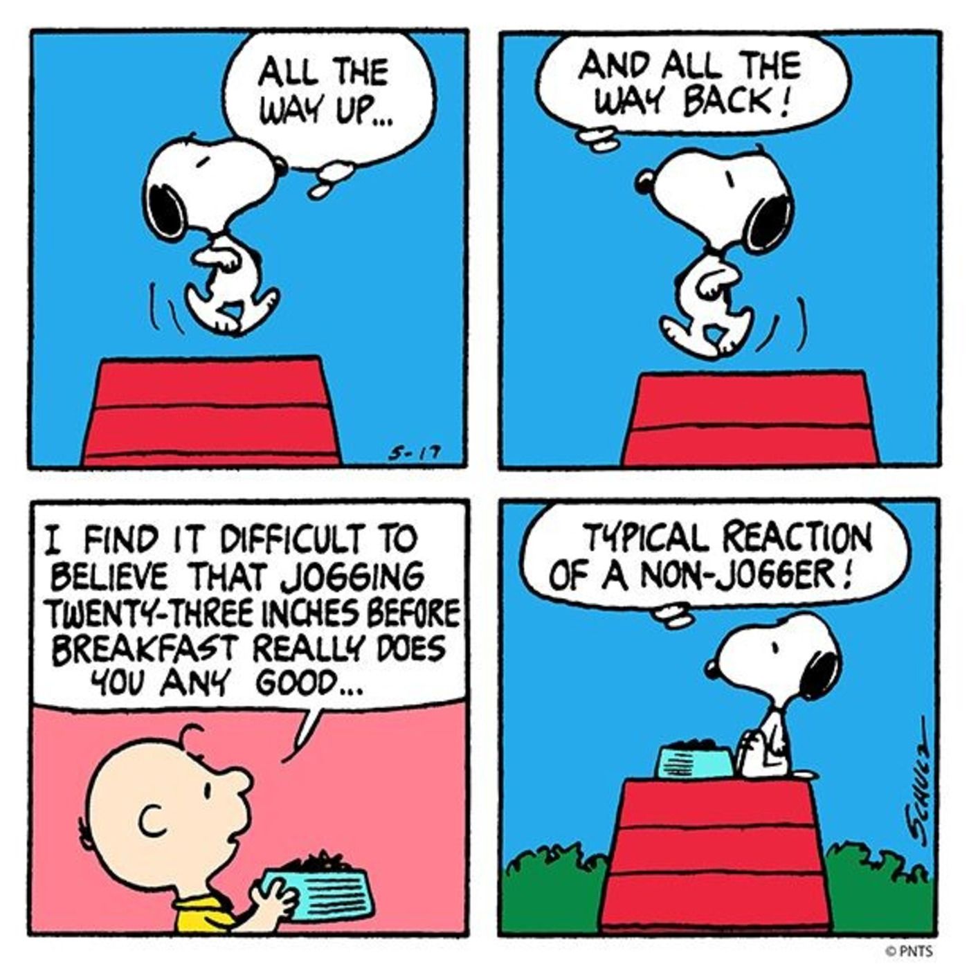 Charlie Brown bringing Snoopy his food while he jogs.