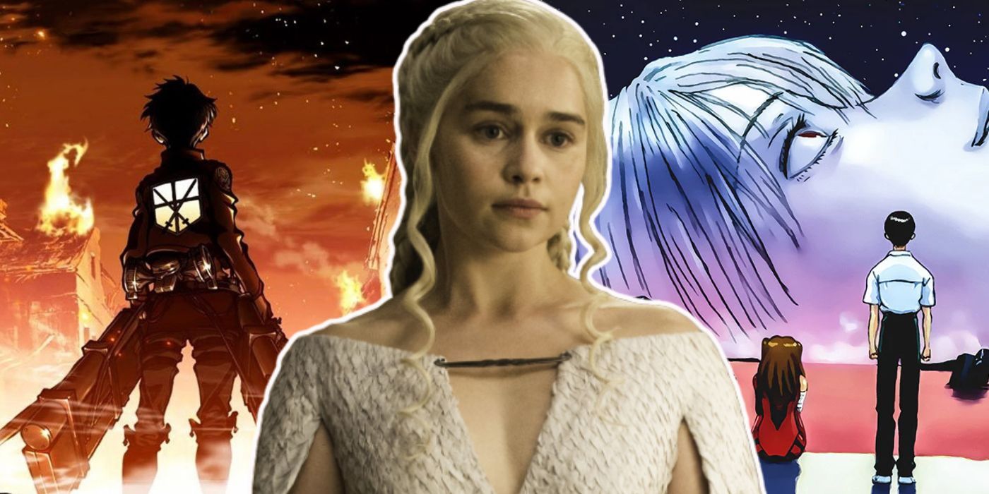 Attack on Titan and Neon Genesis Evangelion: The End of Evangelion posters behind Daenerys Targaryen
