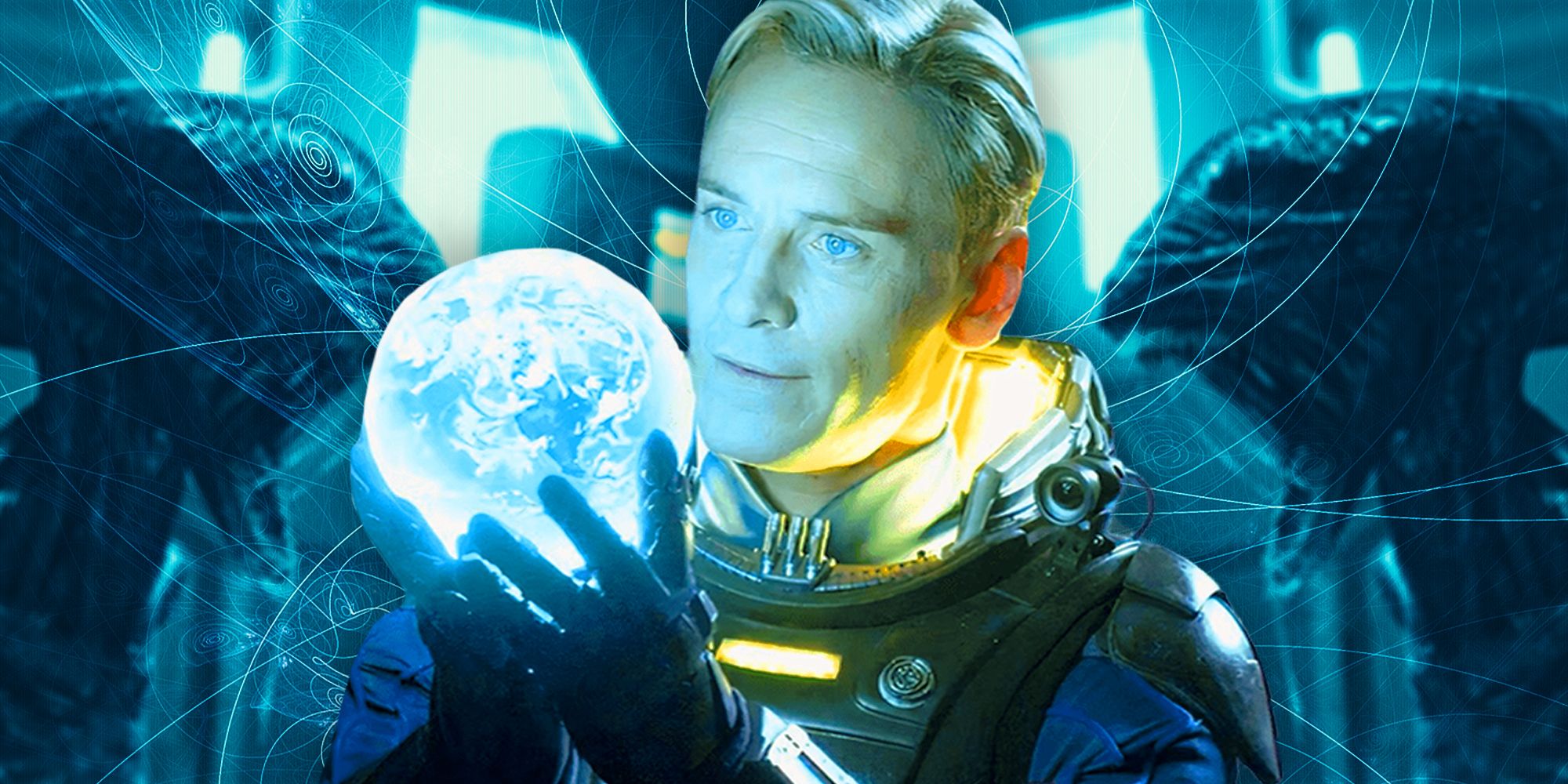 David (Michael Fassbender) holding a globe in his hand in front of images of the Deacon in Prometheus