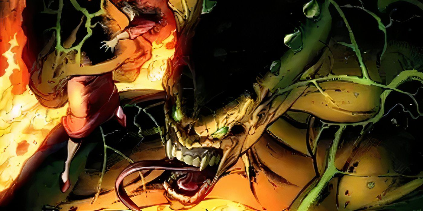 Brian Banner aka Guilt Hulk as a snake-like brute holding an innocent woman in his hands.