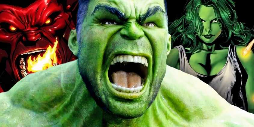 MCU's Hulk with Red Hulk and She-Hulk from Marvel Comics behind him.