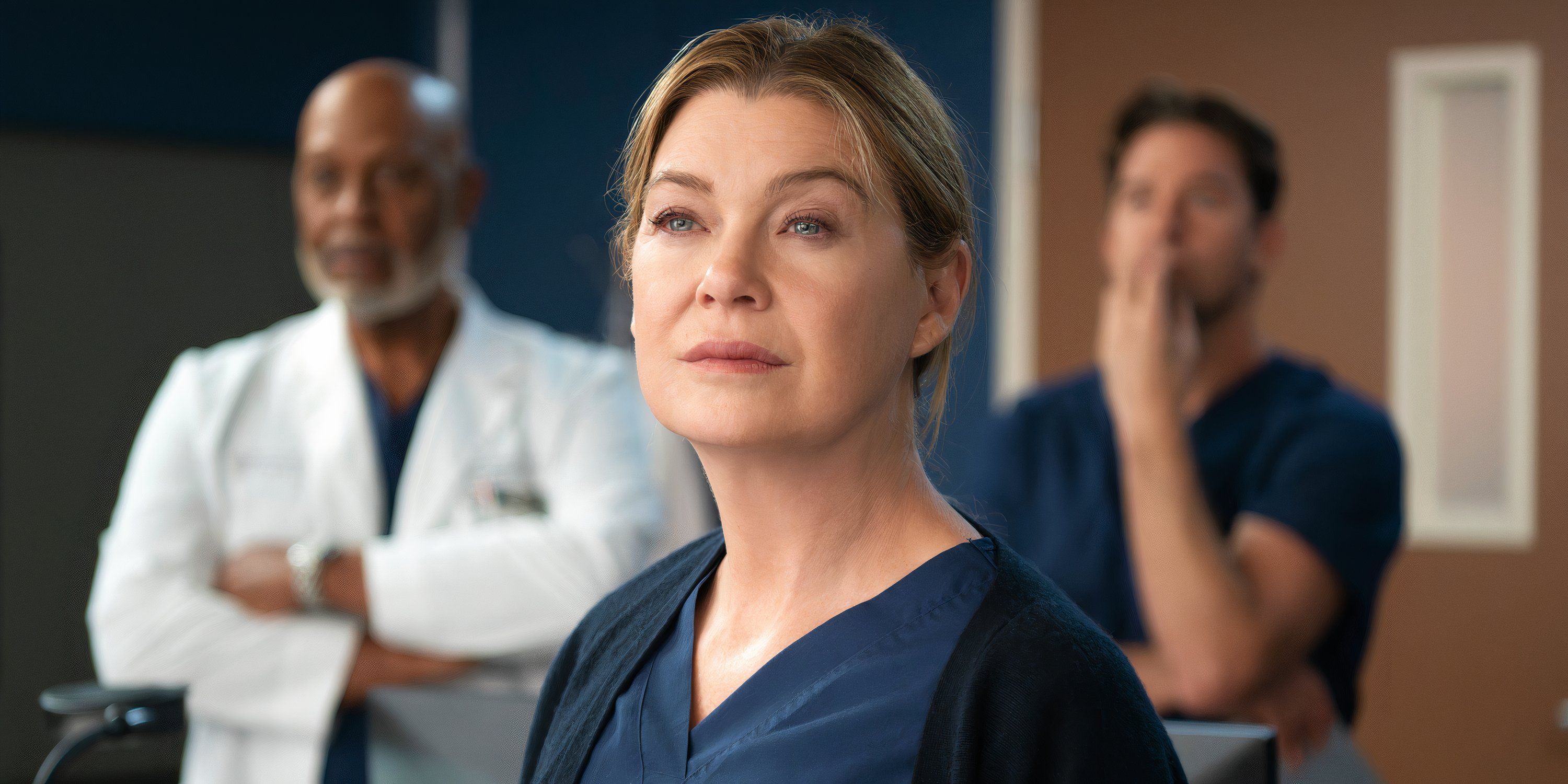 Meredith Grey with a serious expression in Grey's Anatomy season 21 episode 10, Richard and Nick behind her