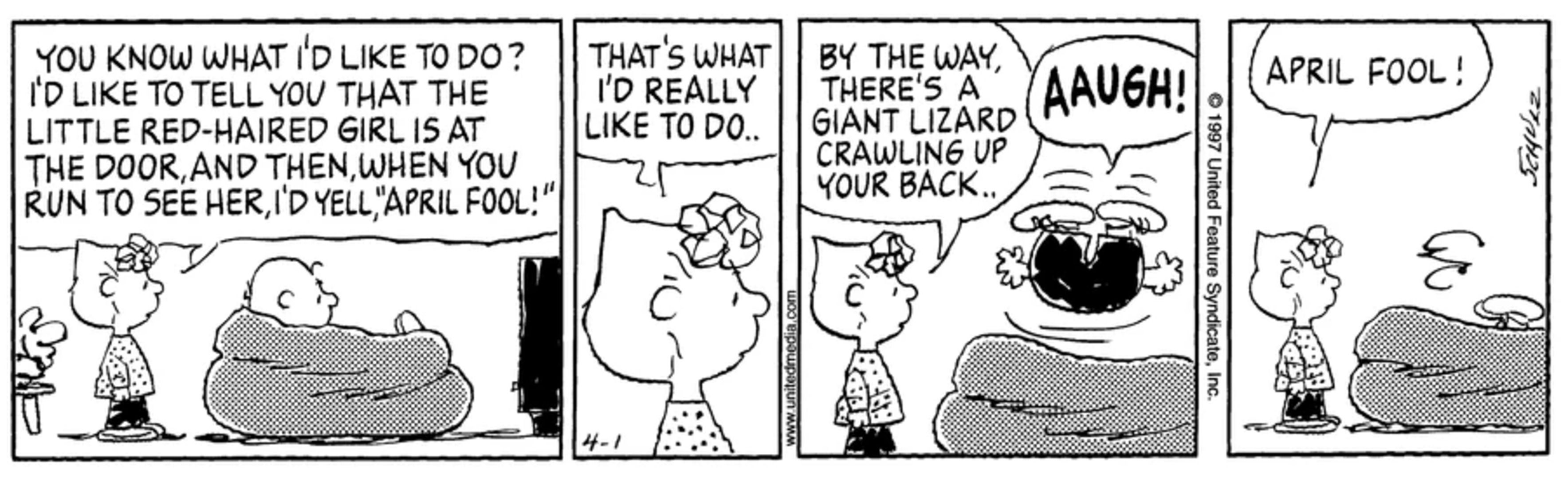 Sally tricking Charlie Brown while he sits in a bean bag chair.