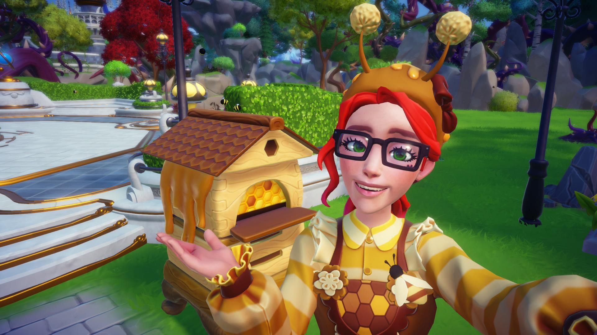 character in bee outfit showing off bees buzzing around the disney dreamlight valley beehive
