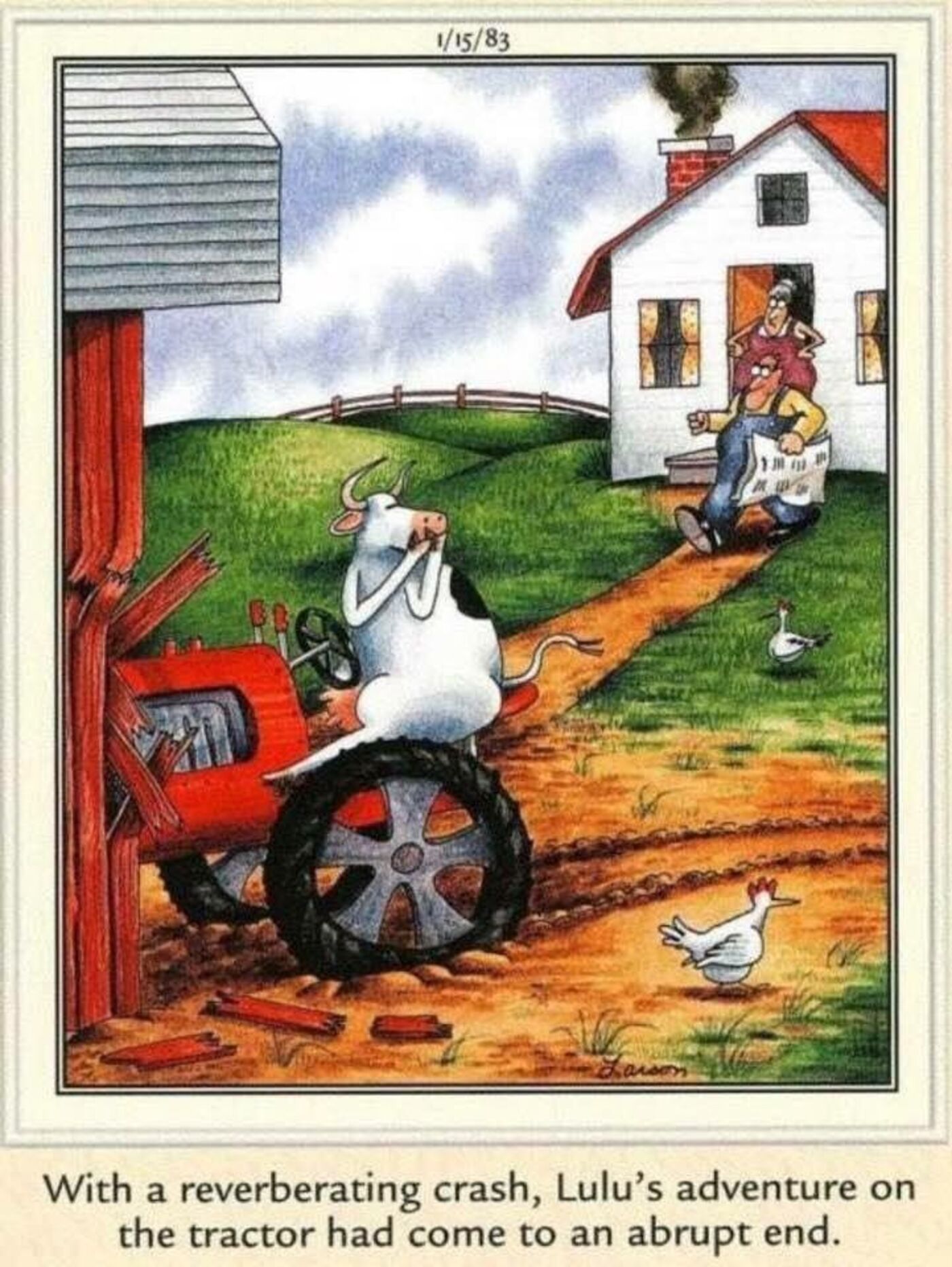 Far Side, cow driving a tractor into a barn.