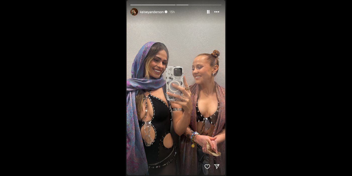 The Bachelor's Kelsey Anderson's Instagram story posing with friend Chloe Cline in festival gear