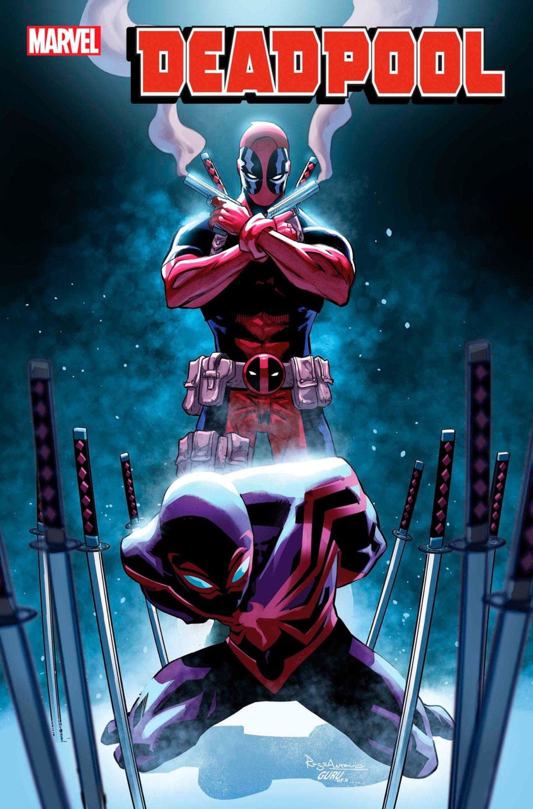 Deadpool #12 1:25 Rogê Antônio Variant: Deadpool stands over Miles Morales Spider-Man  with swords surrounding