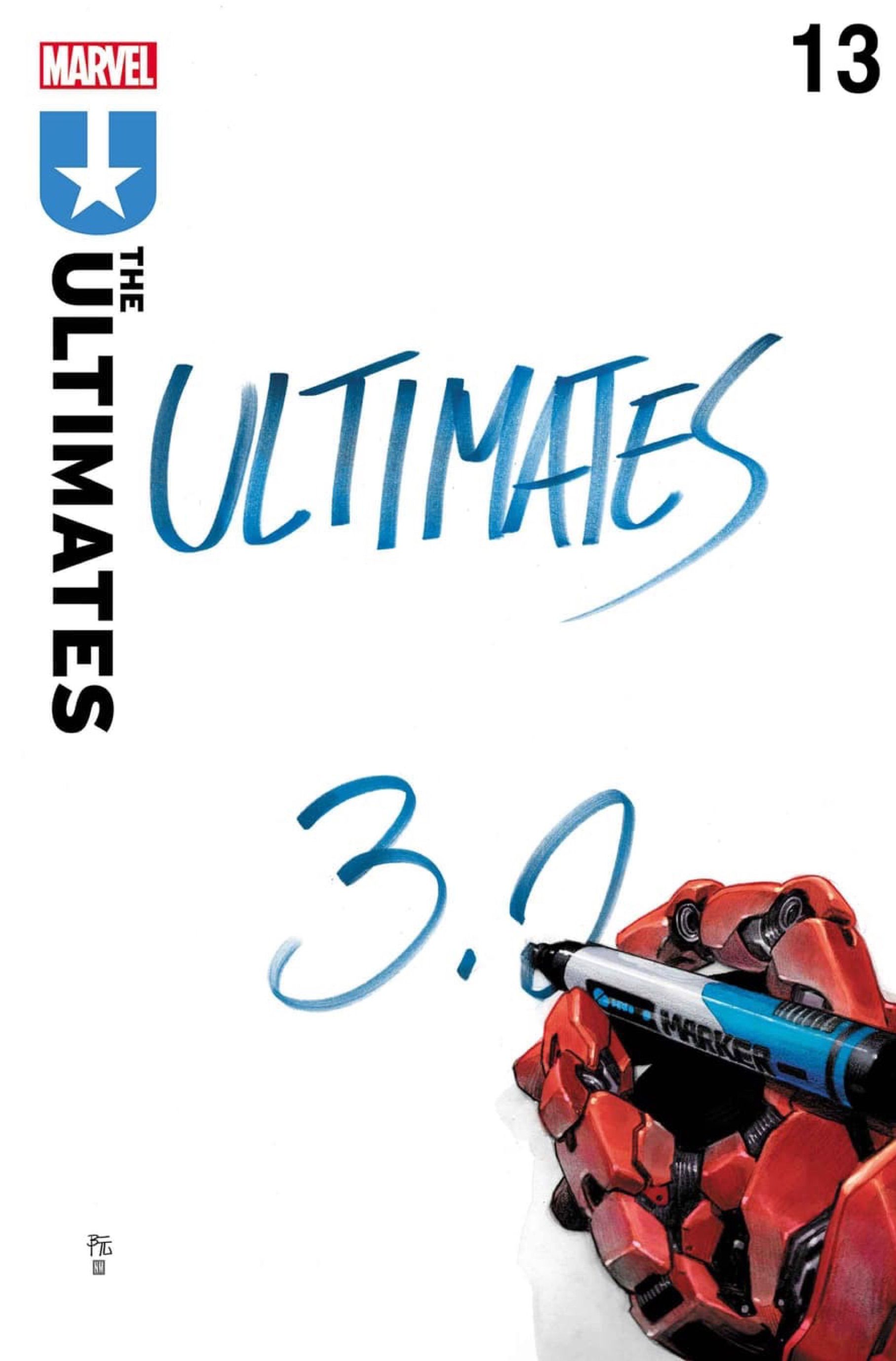 Ultimates #13 cover by Dike Ruan - Iron Lad writes “Ultimates 3.0” with blue marker