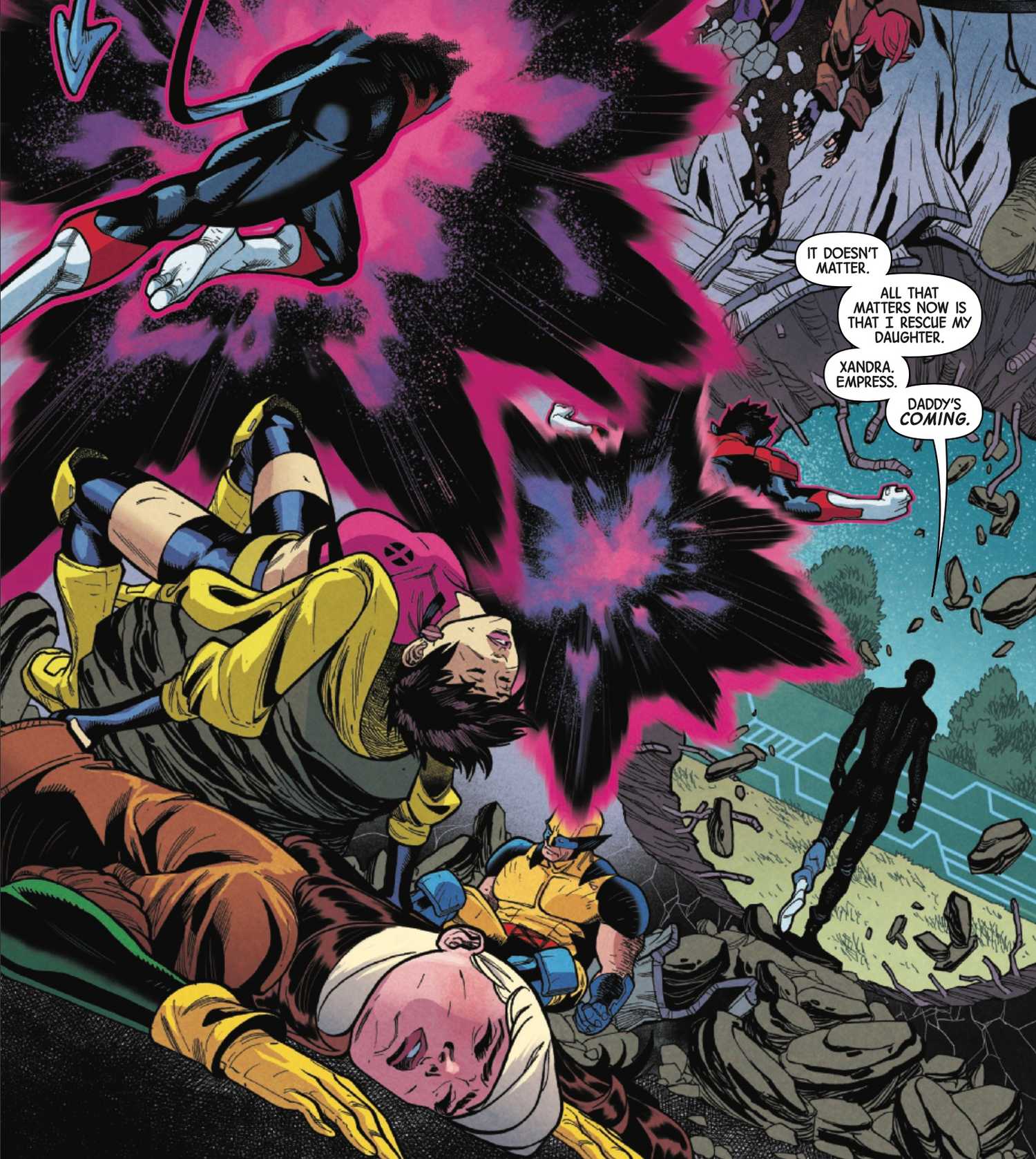 Professor X defeats X-Men Jubilee, Gambit, Rogue, Nightcrawler, and Wolverine.