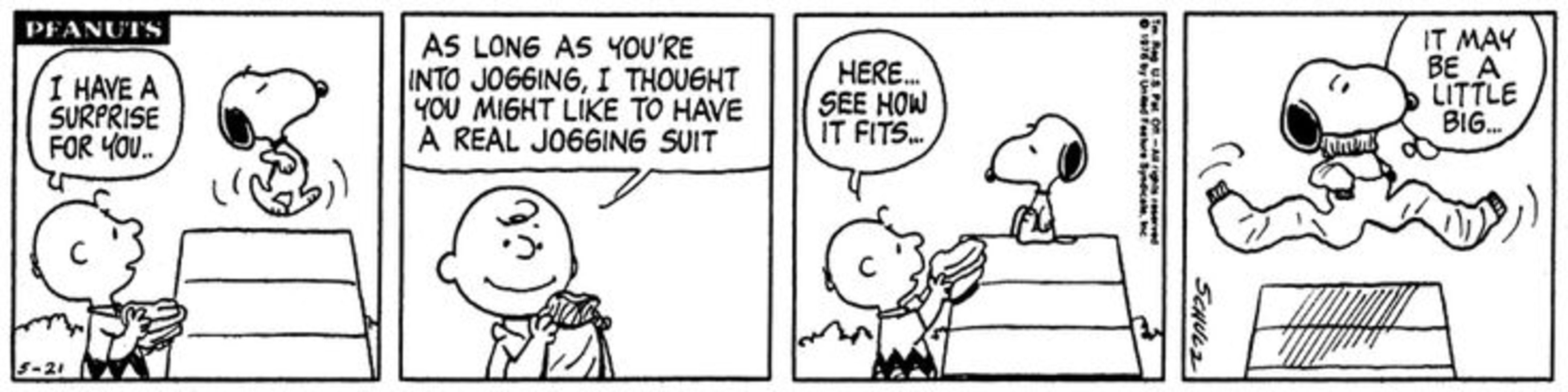 Charlie Brown giving Snoopy a jogging suit.