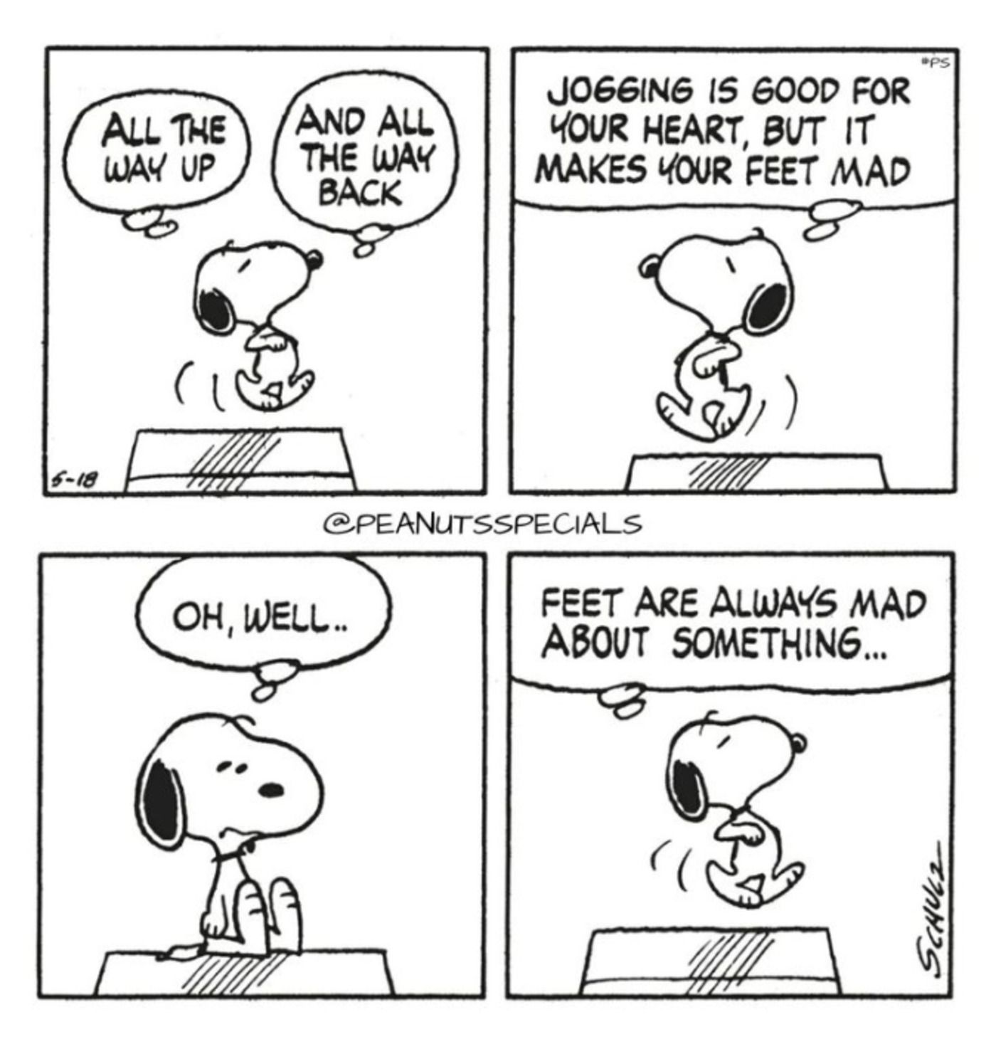 Snoopy running on his doghouse.