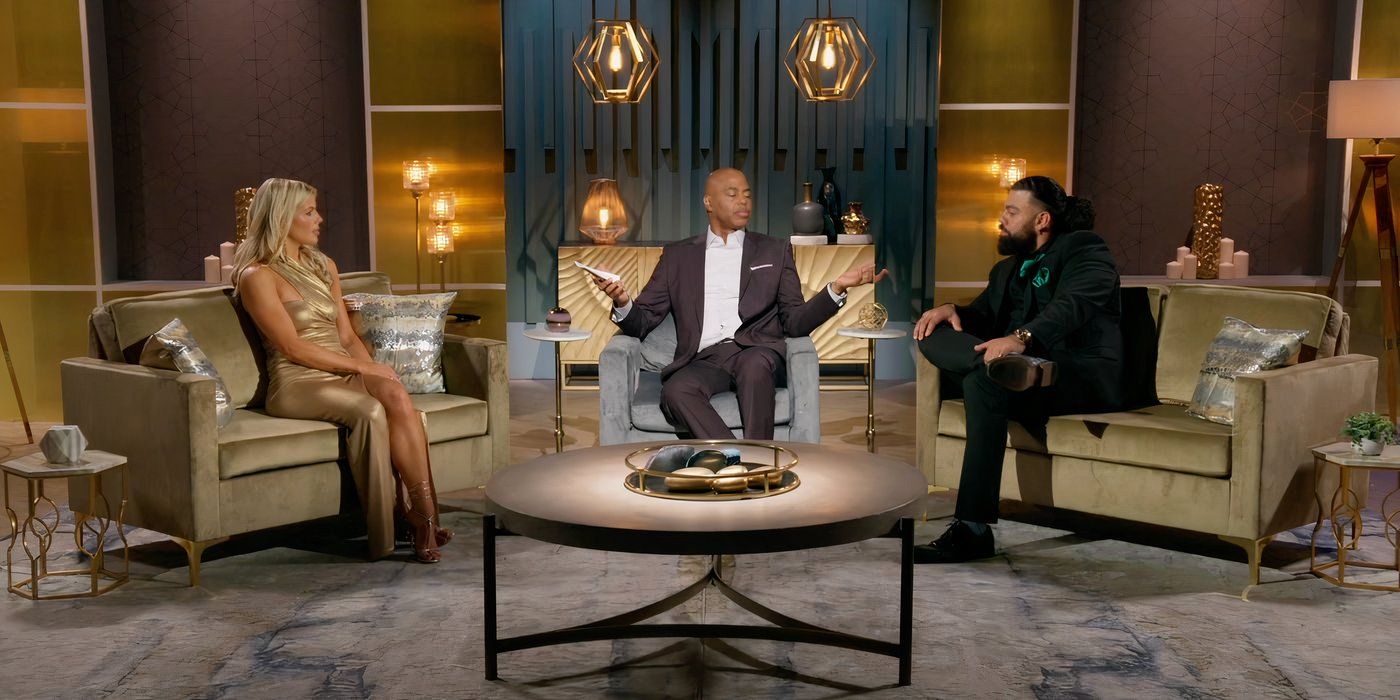 Michelle Tomblin, Kevin Frazier and David Trimble sit on a reunion stage on Married at First Sight