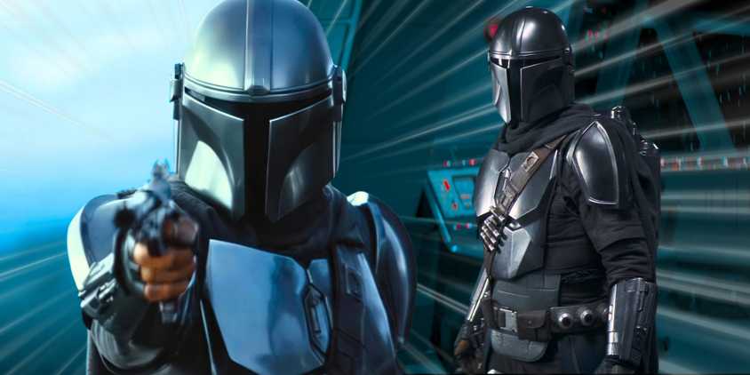 Din Djarin holding up a blaster to the left and standing in his armor to the right