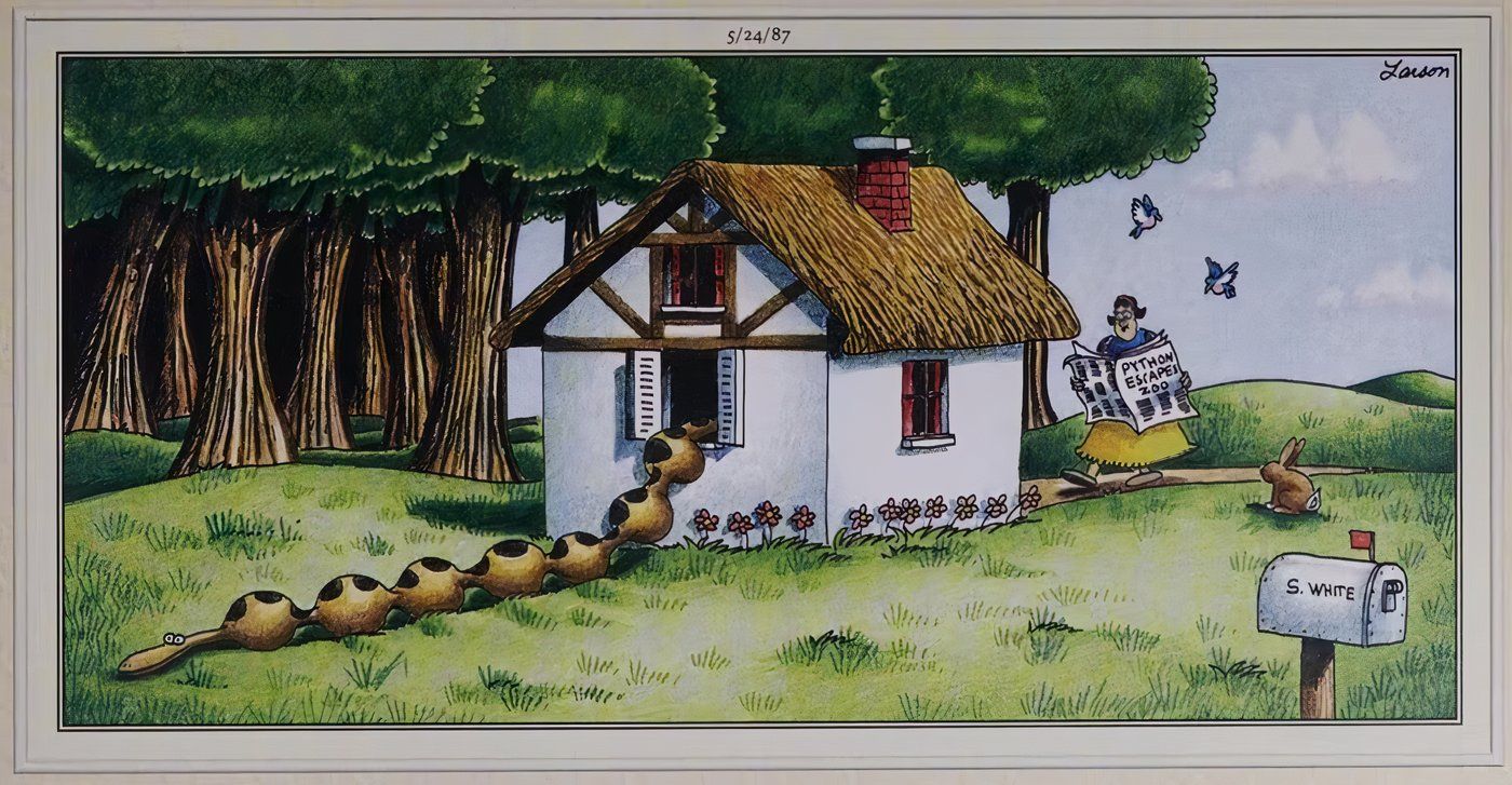 A snake eating the Seven Dwarves from Snow White in The Far Side.
