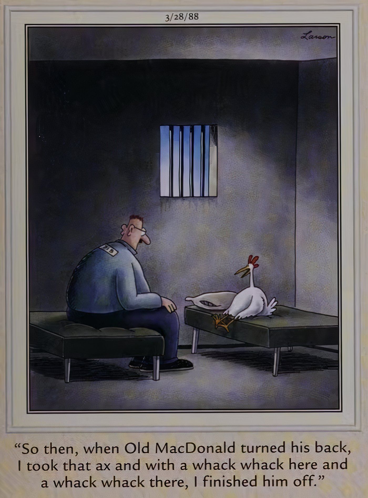 A man and a chicken in a jail cell together in The Far Side.