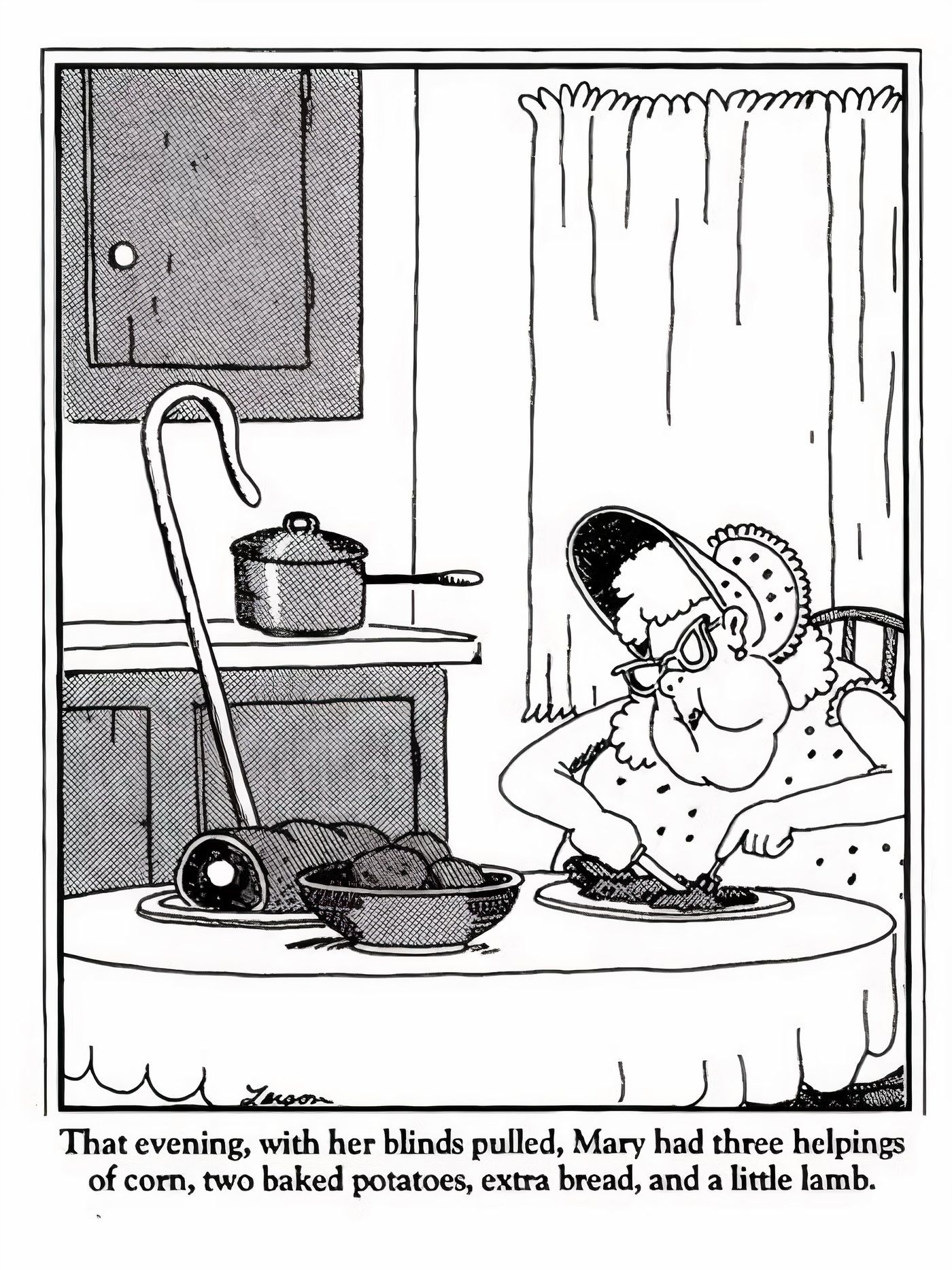 Mary eating lamb for dinner in The Far Side.