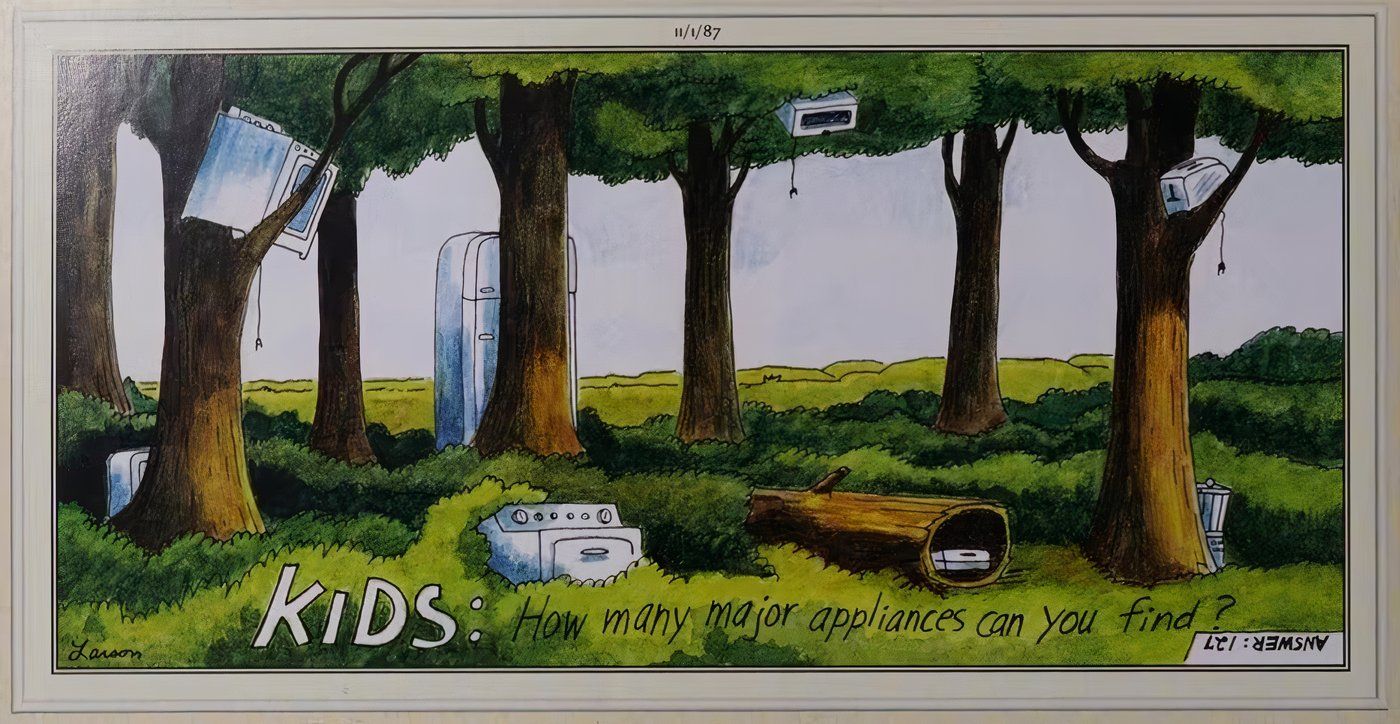 The Far Side&rsquo;s object-finder game: find all the appliances in the woods.