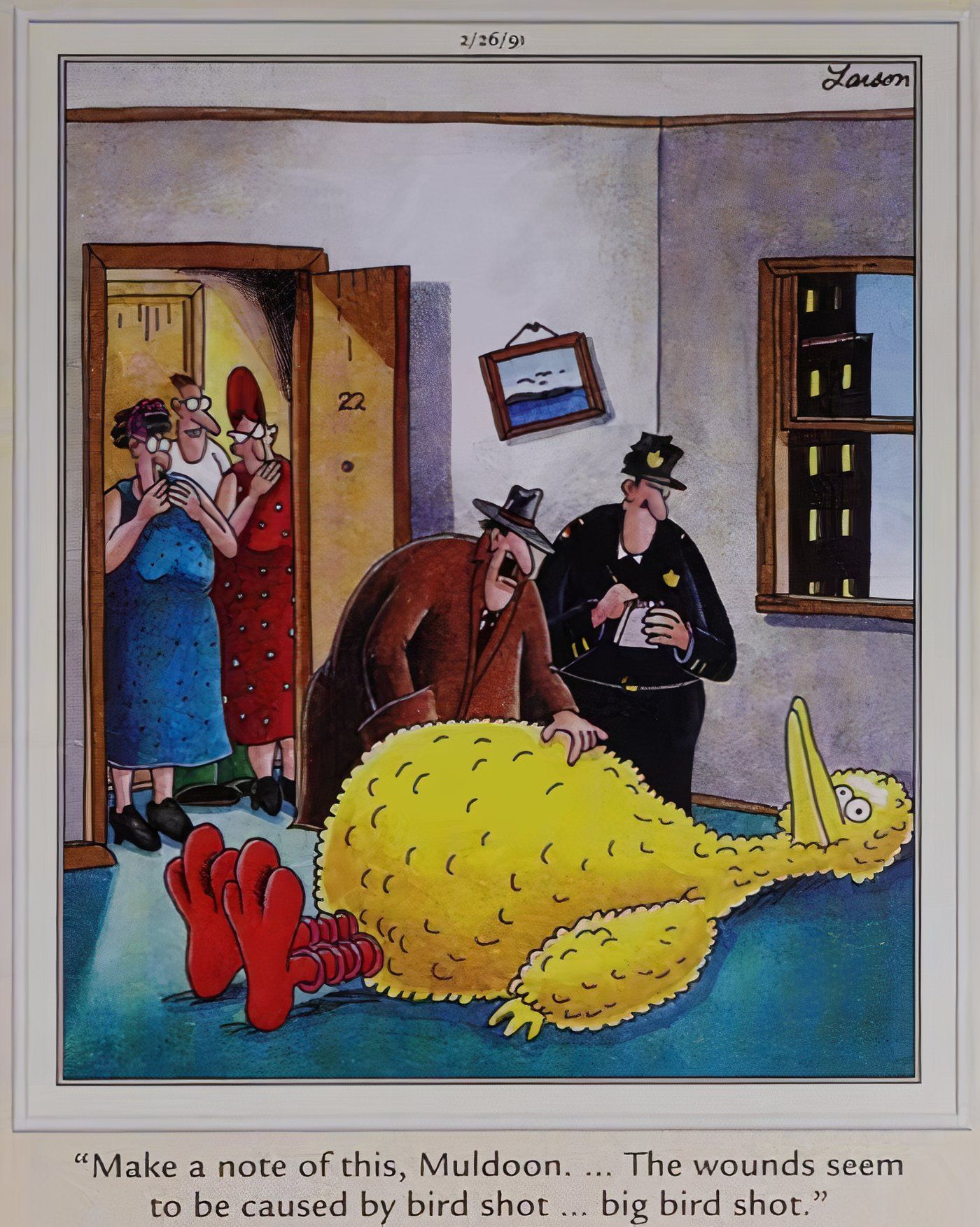 Detectives investigating Big Bird&rsquo;s murder in The Far Side.
