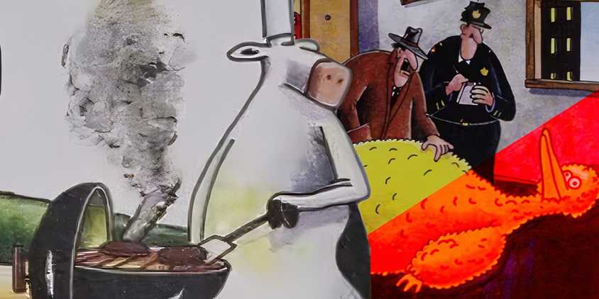 A cow grilling while Big Bird lies dead behind her in The Far Side.