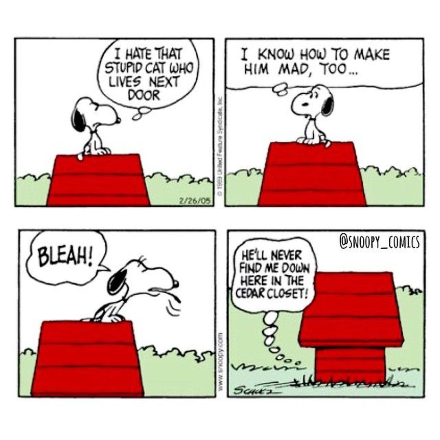 Snoopy hiding inside his doghouse.