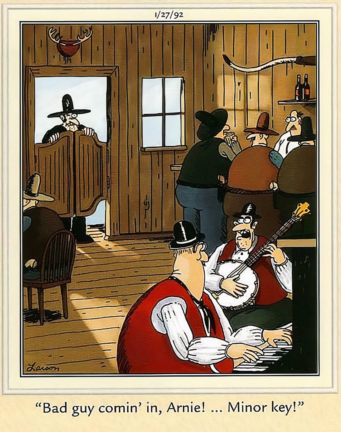 An evil cowboy entering a saloon in The Far Side.