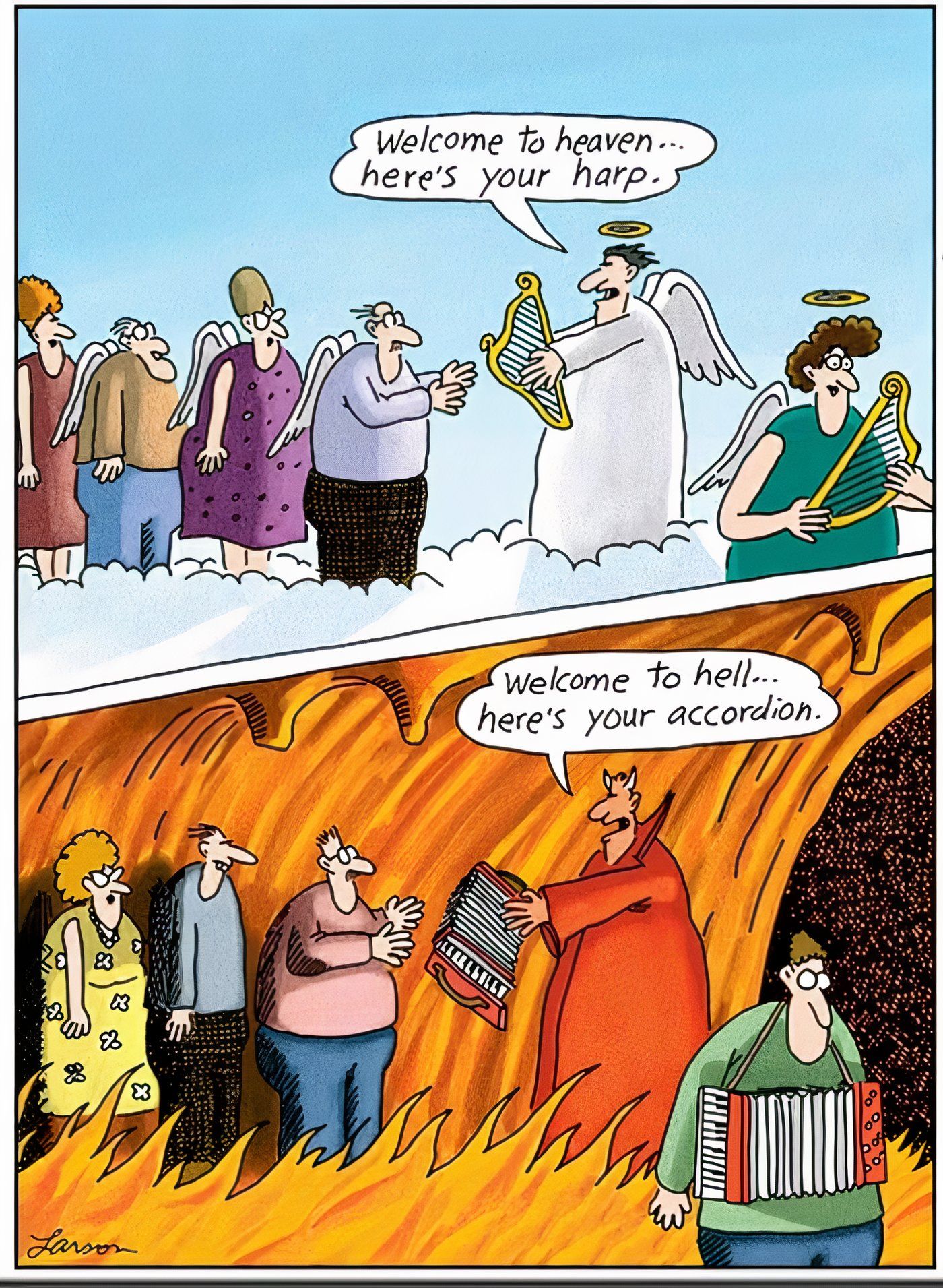 People entering heaven and hell in The Far Side.